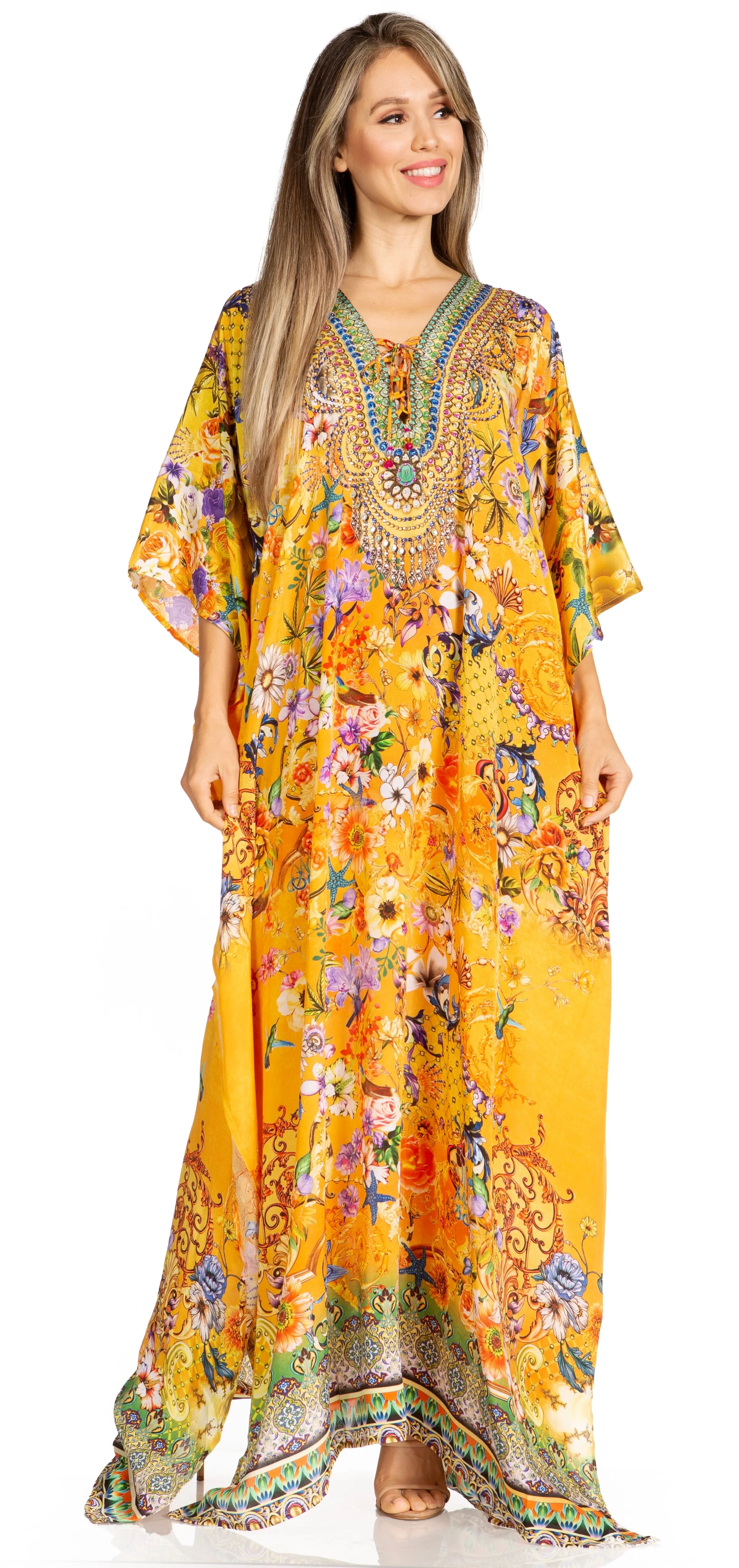 Sakkas Yeni Women's Short Sleeve V-neck Summer Floral Long Caftan Dress Cover-up