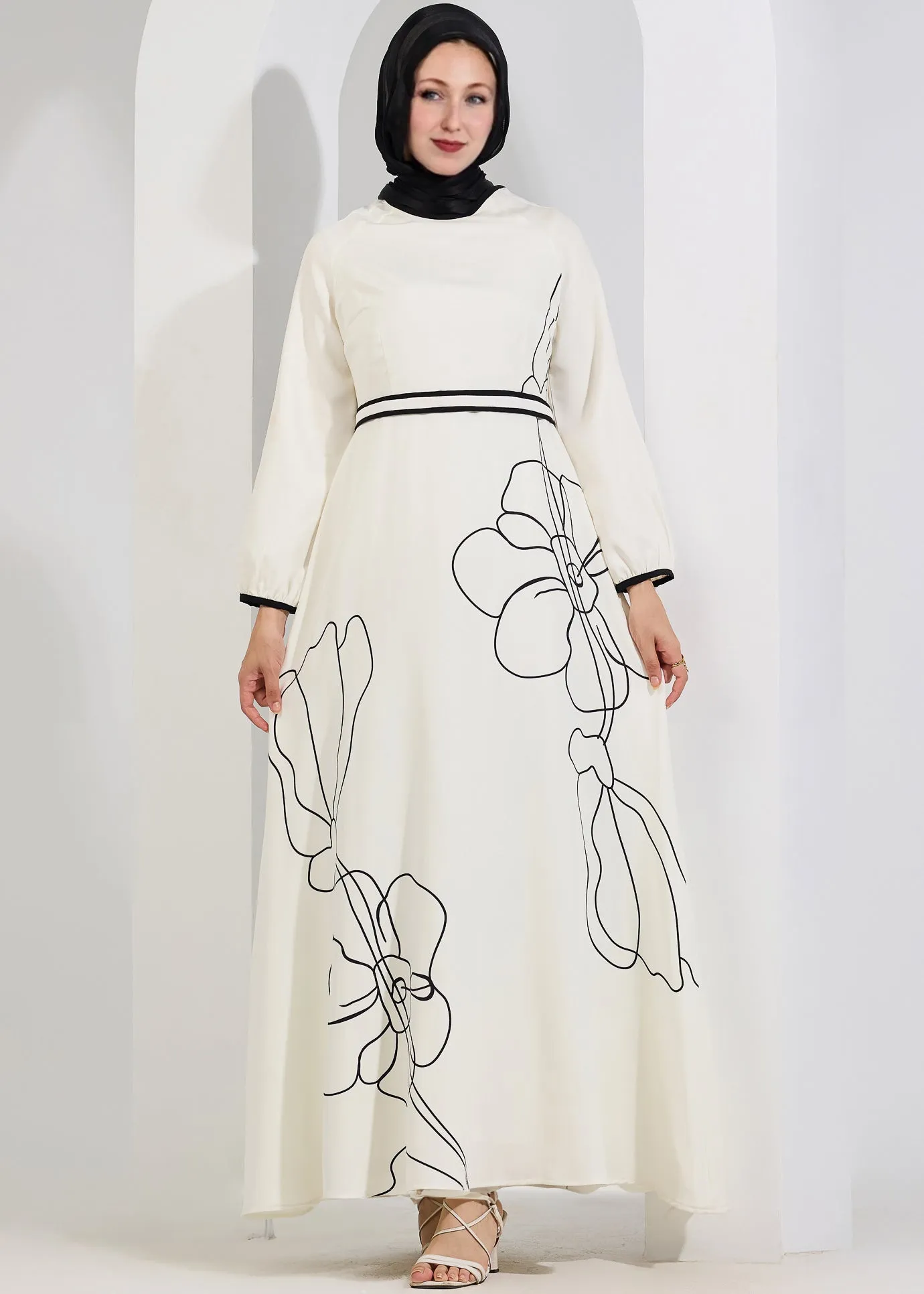 Sanaa Monochrome Elegance Crepe Polyester Maxi Dress with Floral Outline