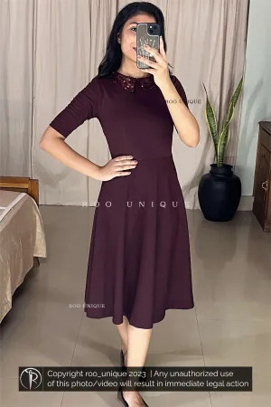 Sequence Collared Round Neck Wine Red Dress