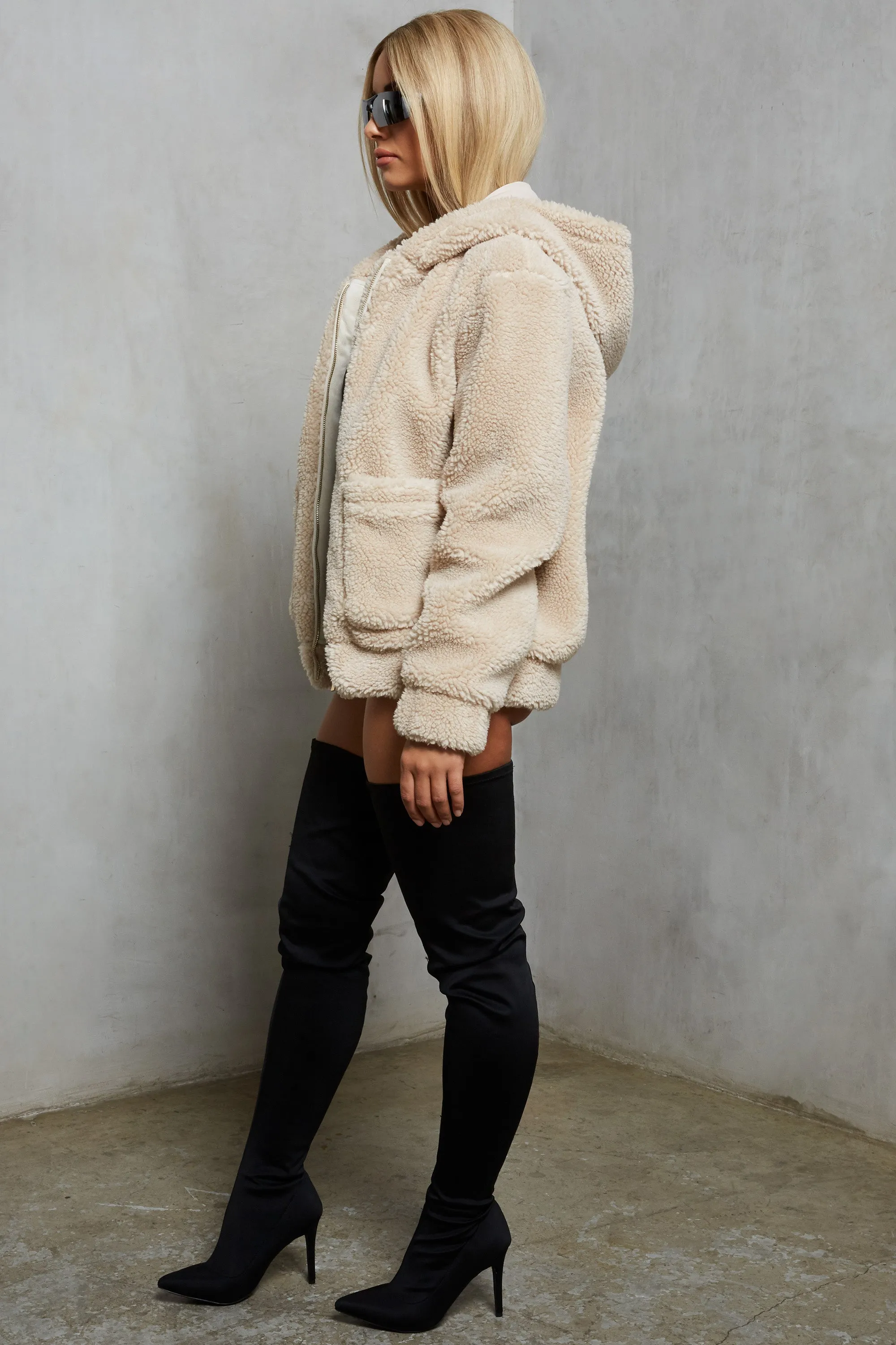 Shearling Hooded Faux Fur Teddy Jacket in Beige