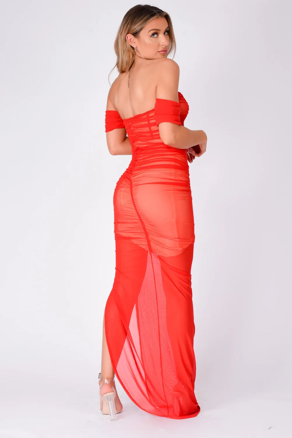 Sheer I Come Red Mesh Net Chiffon Bardot Off The Shoulder Maxi Dress