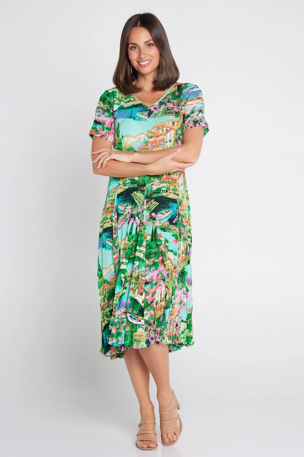 Short Sleeve Godet Dress - Bellagio Print