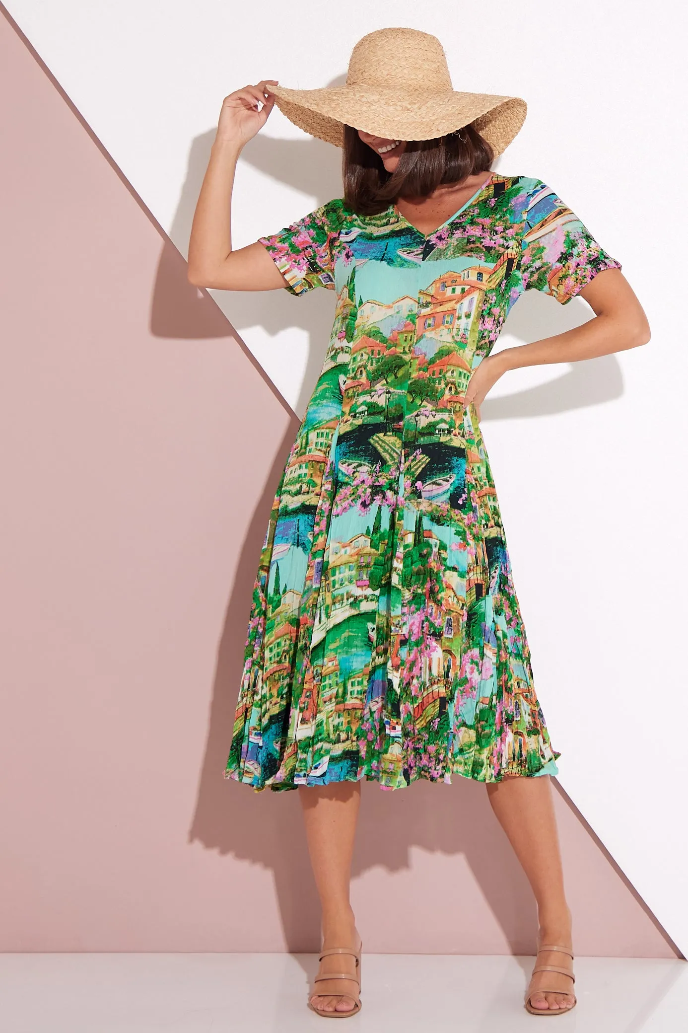 Short Sleeve Godet Dress - Bellagio Print