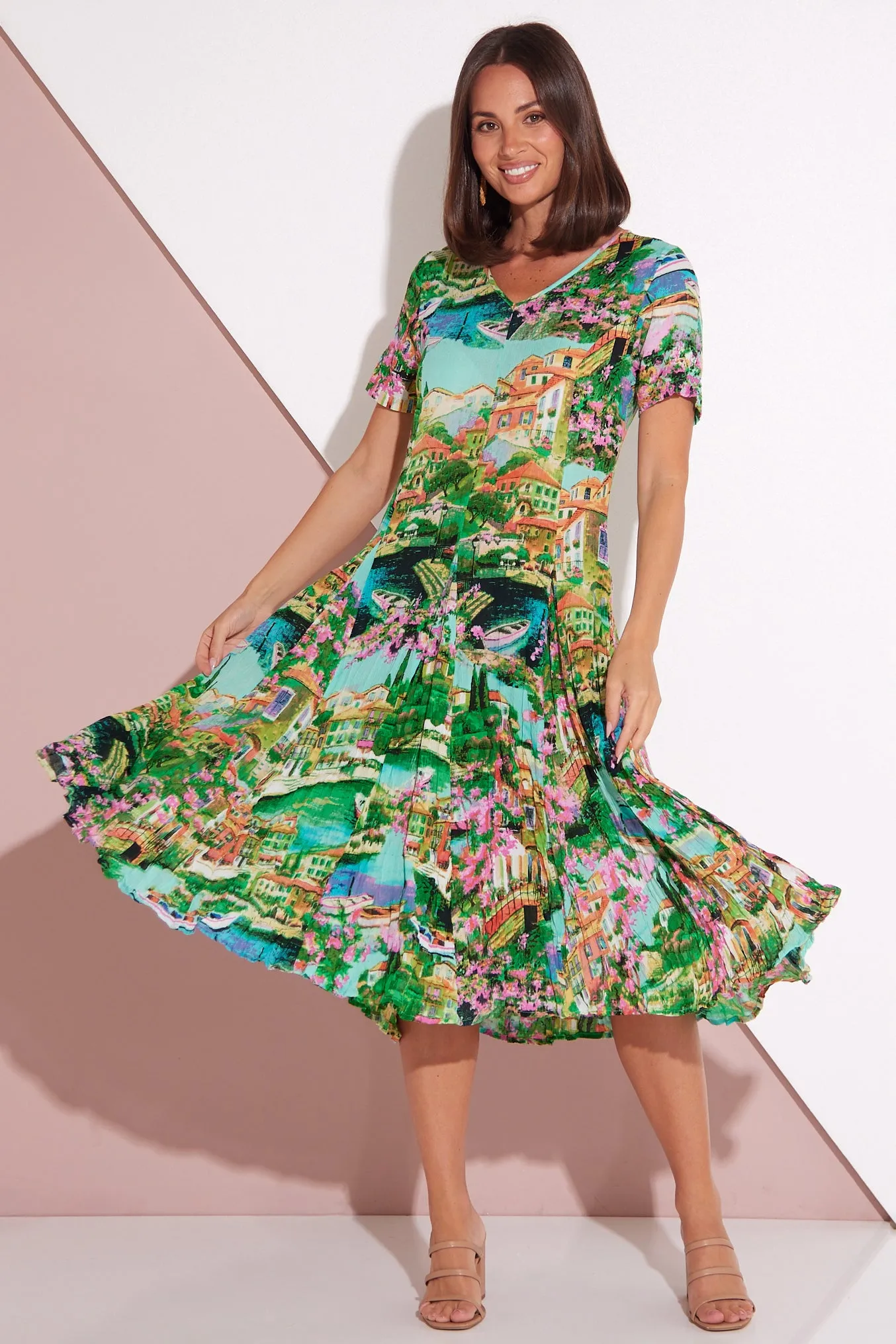 Short Sleeve Godet Dress - Bellagio Print