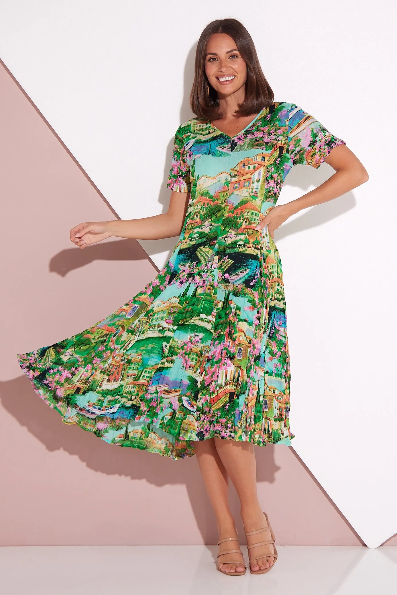 Short Sleeve Godet Dress - Bellagio Print