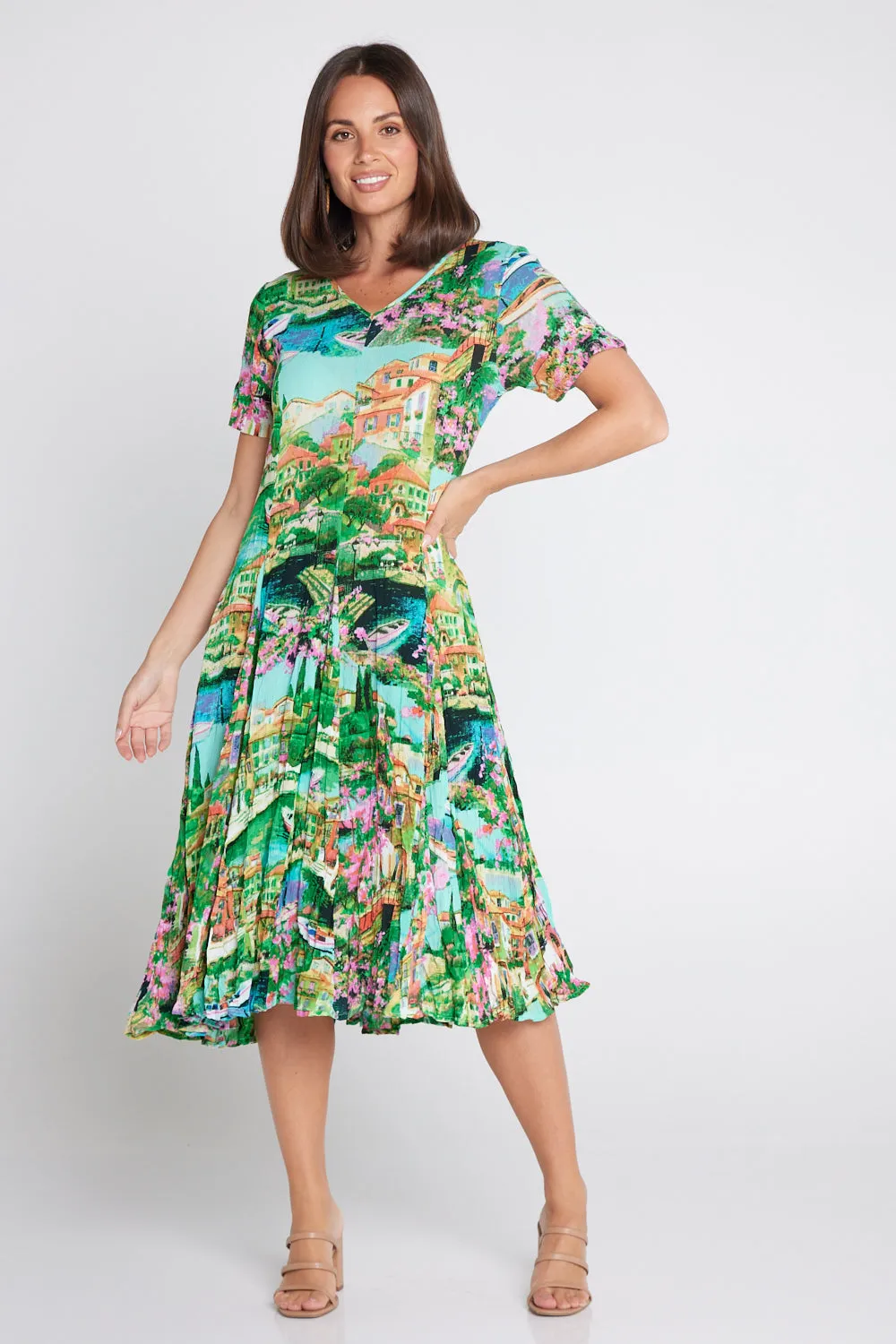 Short Sleeve Godet Dress - Bellagio Print