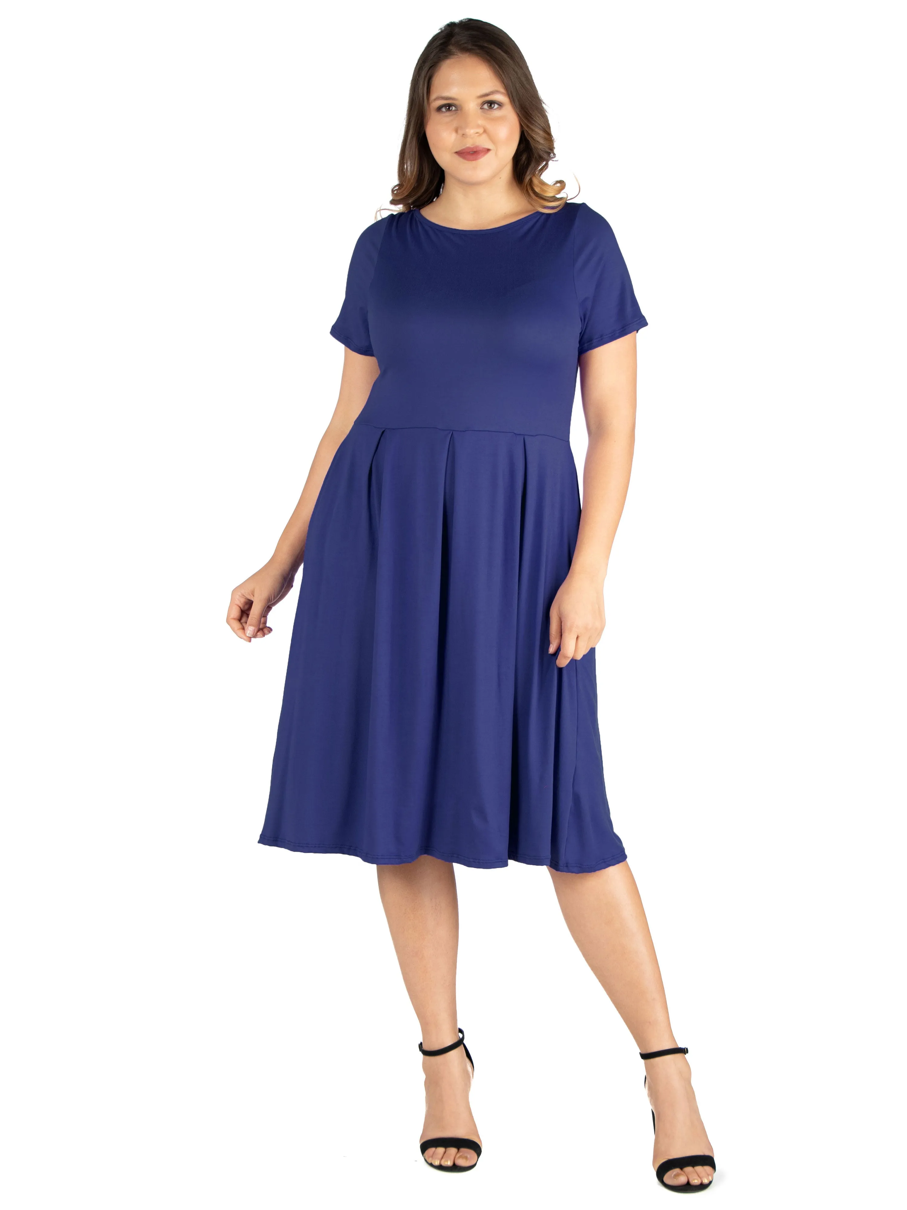 Short Sleeve Plus Size  Midi Skater Dress With Pockets