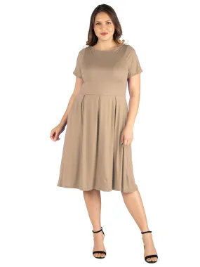 Short Sleeve Plus Size  Midi Skater Dress With Pockets