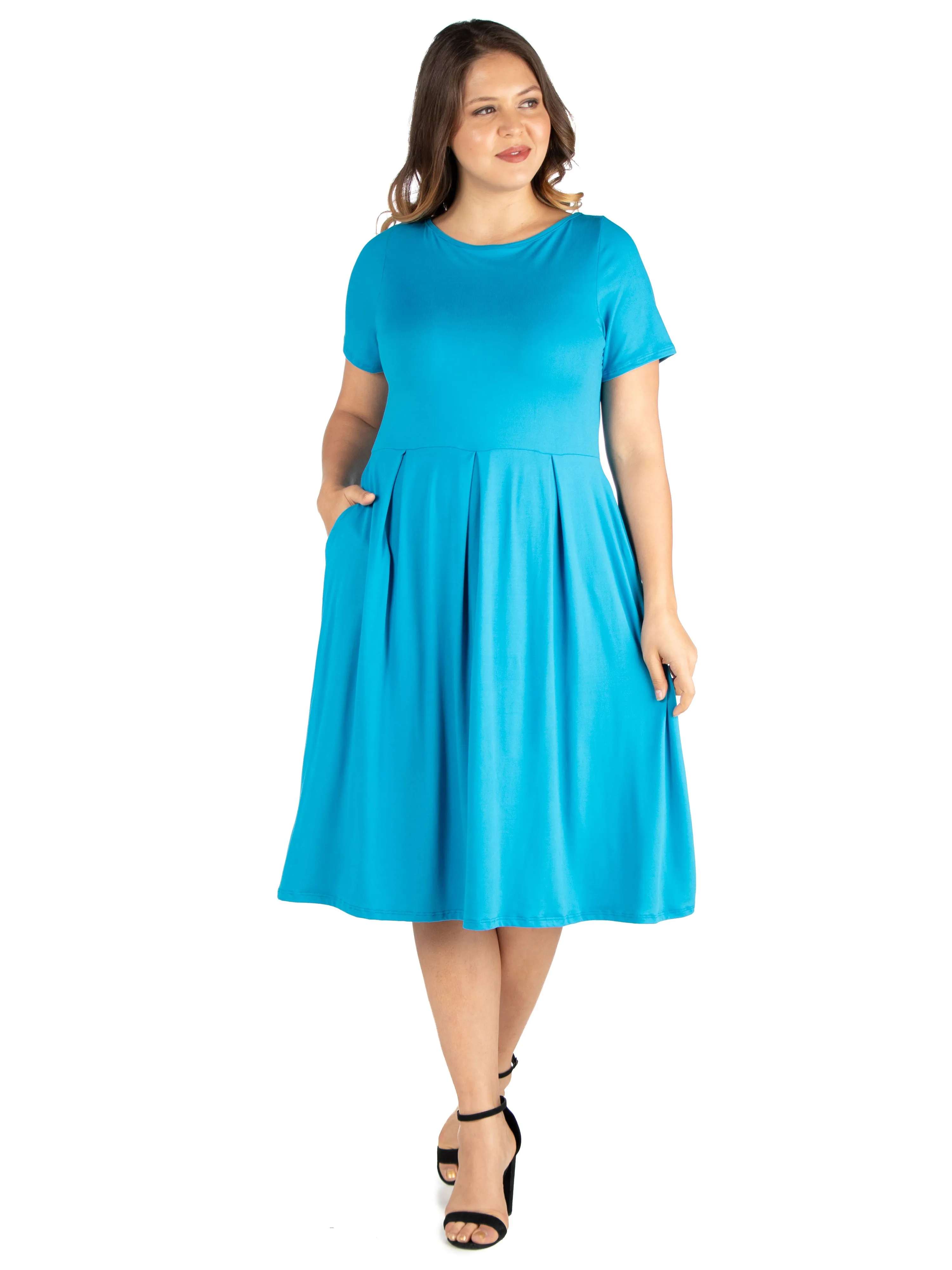 Short Sleeve Plus Size  Midi Skater Dress With Pockets