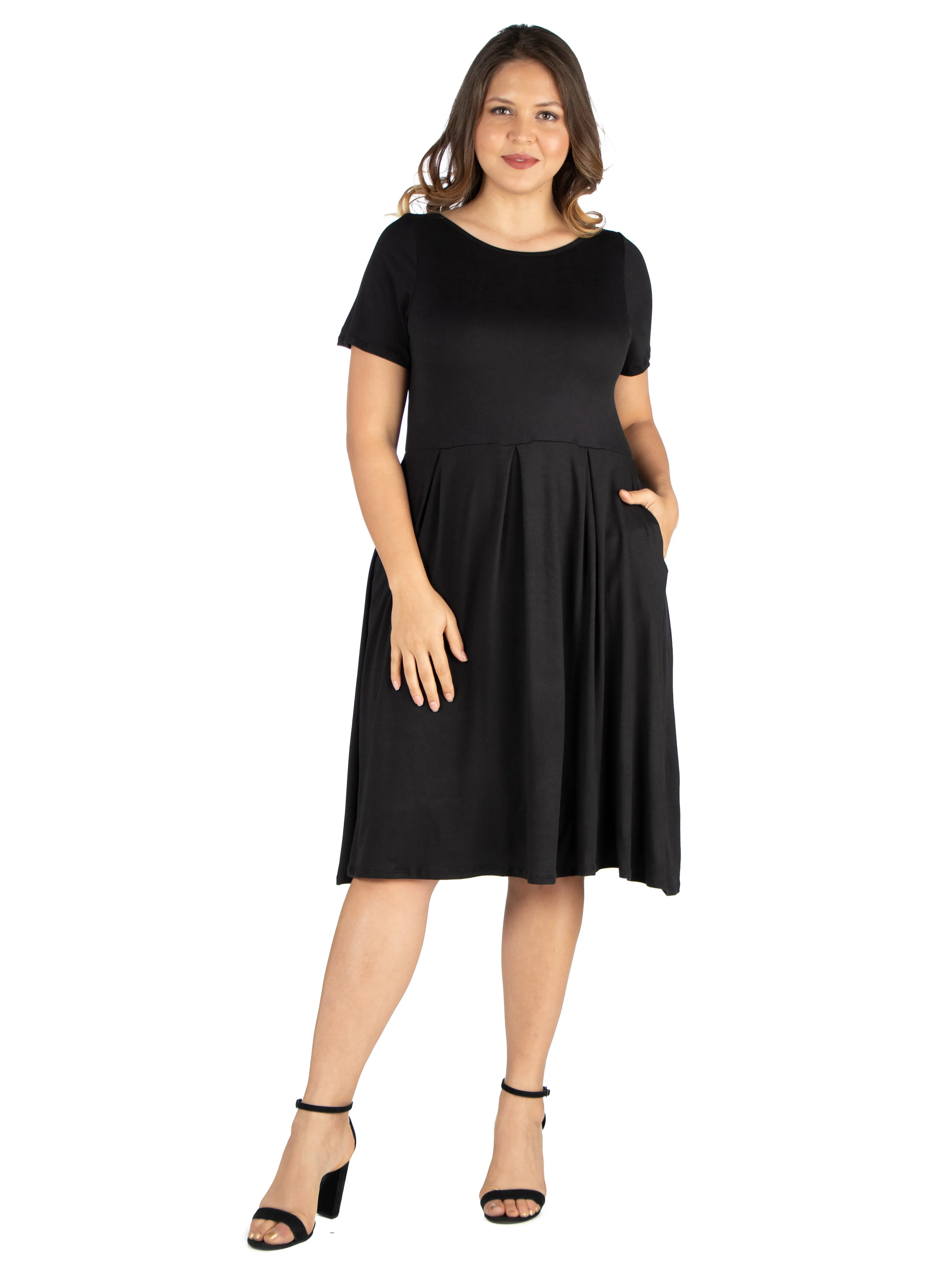 Short Sleeve Plus Size  Midi Skater Dress With Pockets