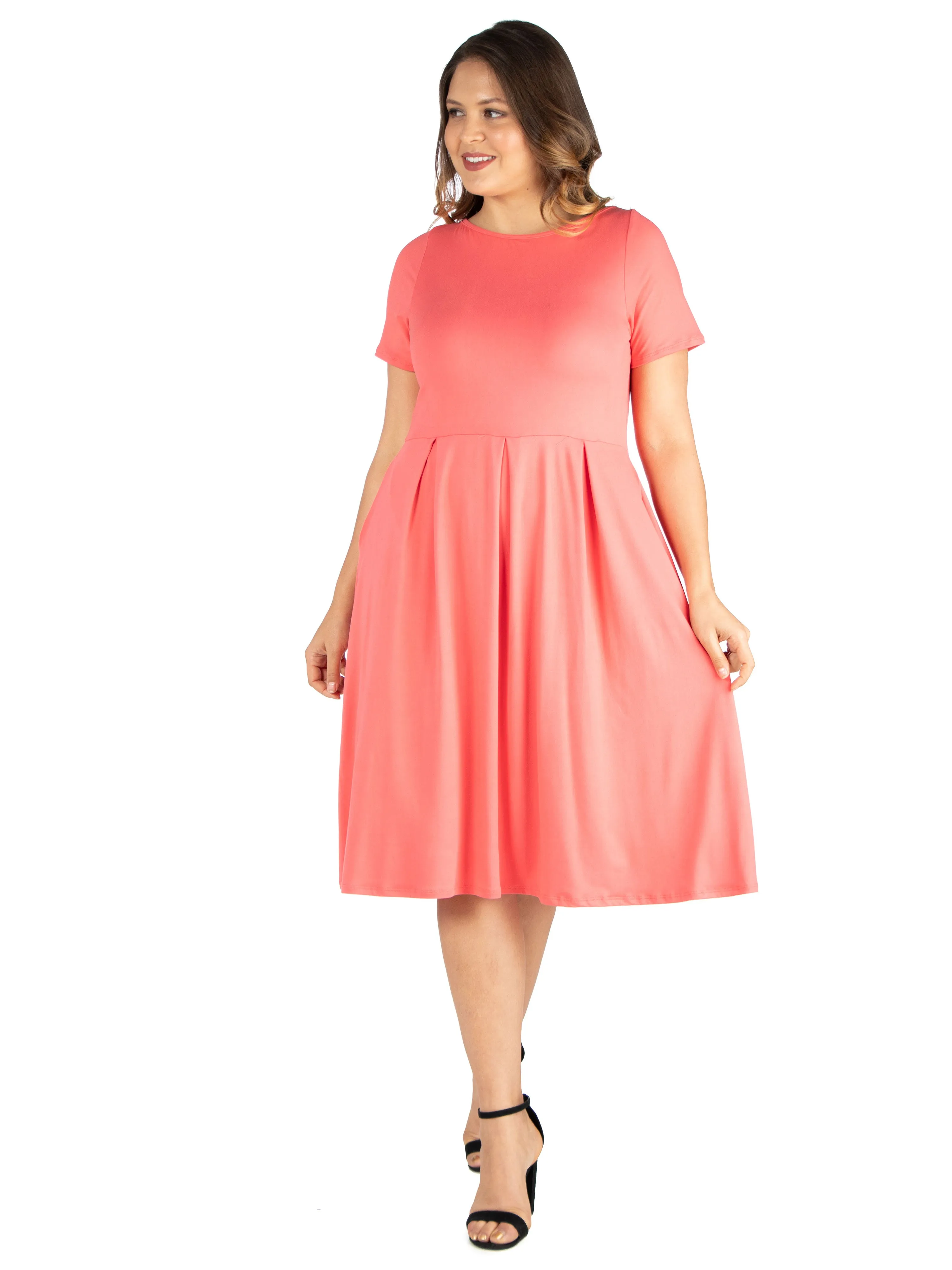 Short Sleeve Plus Size  Midi Skater Dress With Pockets