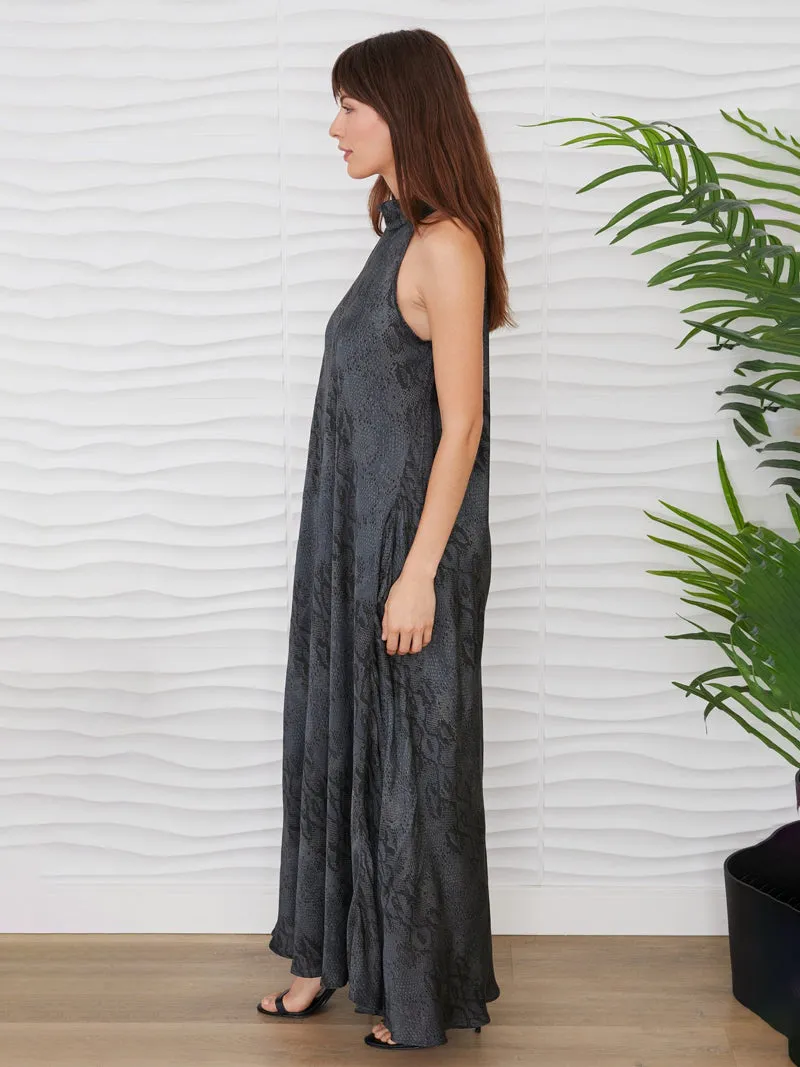 Snake Print Haltered Neck Maxi Dress - Grey