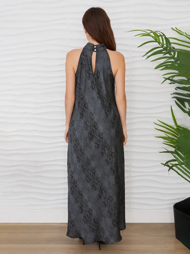 Snake Print Haltered Neck Maxi Dress - Grey