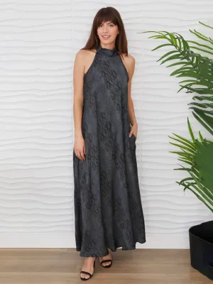 Snake Print Haltered Neck Maxi Dress - Grey