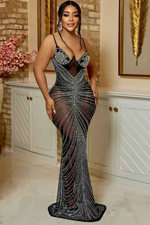 Sparkly Rhinestone Bustier Sheer Mesh Sleeveless Fishtail Evening Maxi Dress - Black