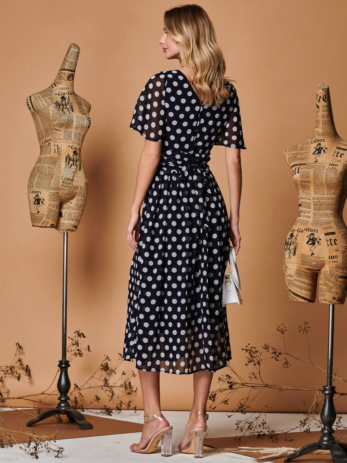 Spot Print Chiffon Maxi Dress, Navy Spot