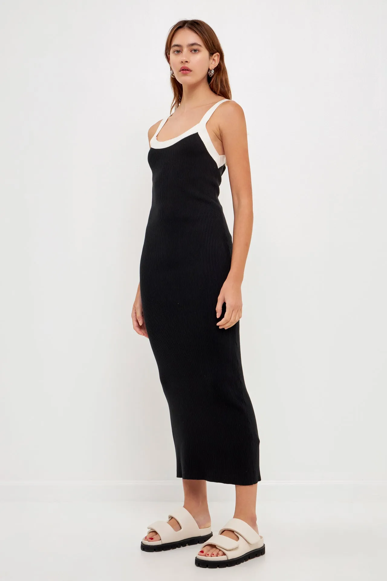 Strap Contrast Solid Knit Midi Dress