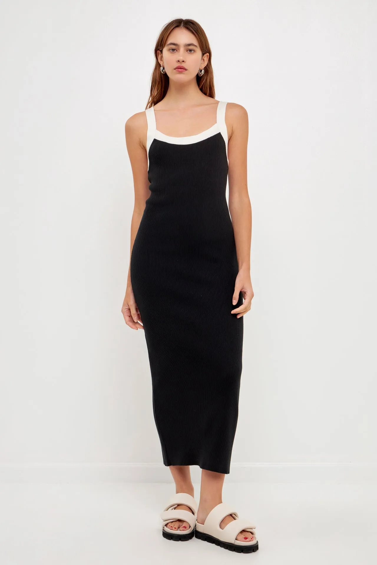 Strap Contrast Solid Knit Midi Dress