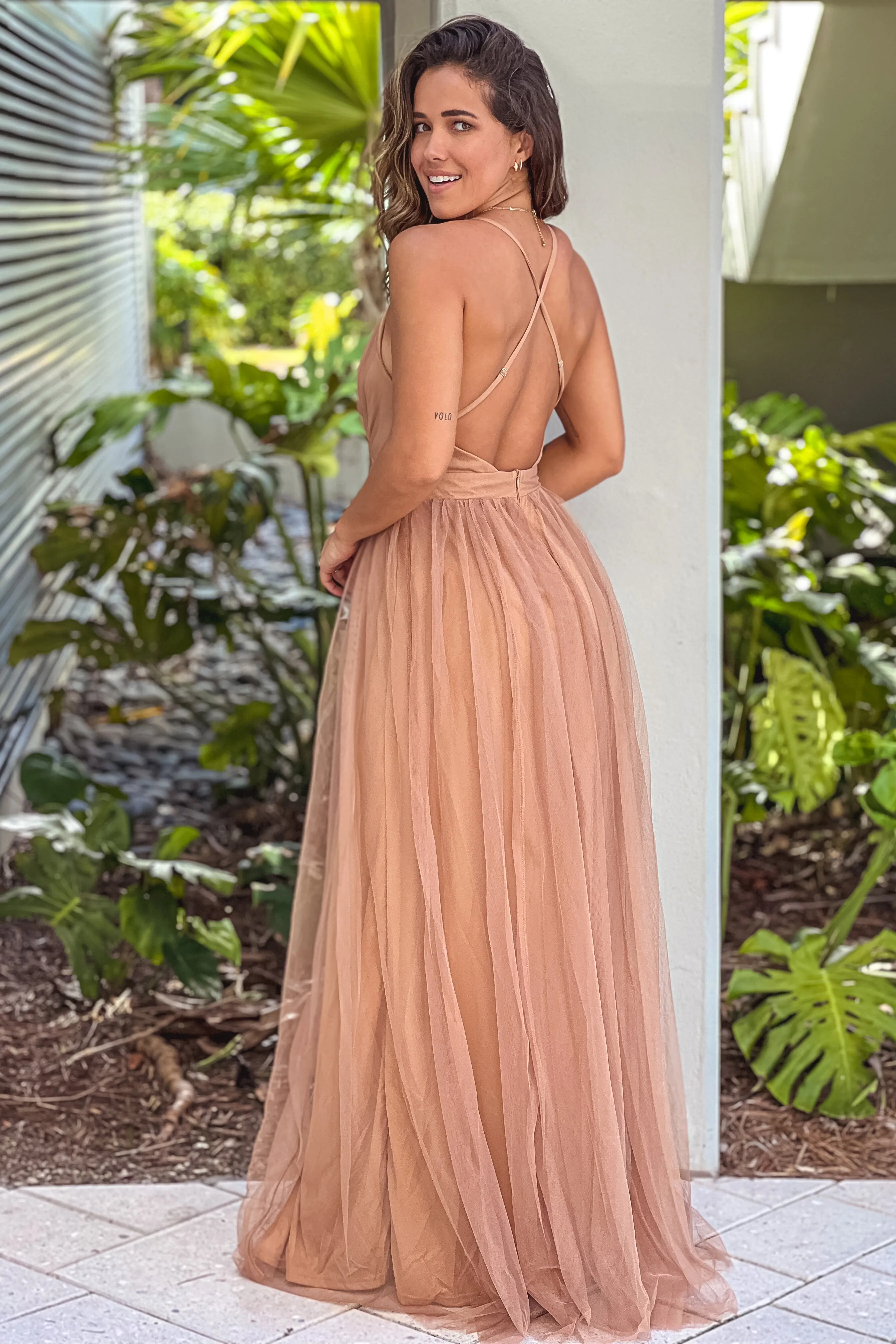 Taupe Mesh V-Neck Maxi Dress