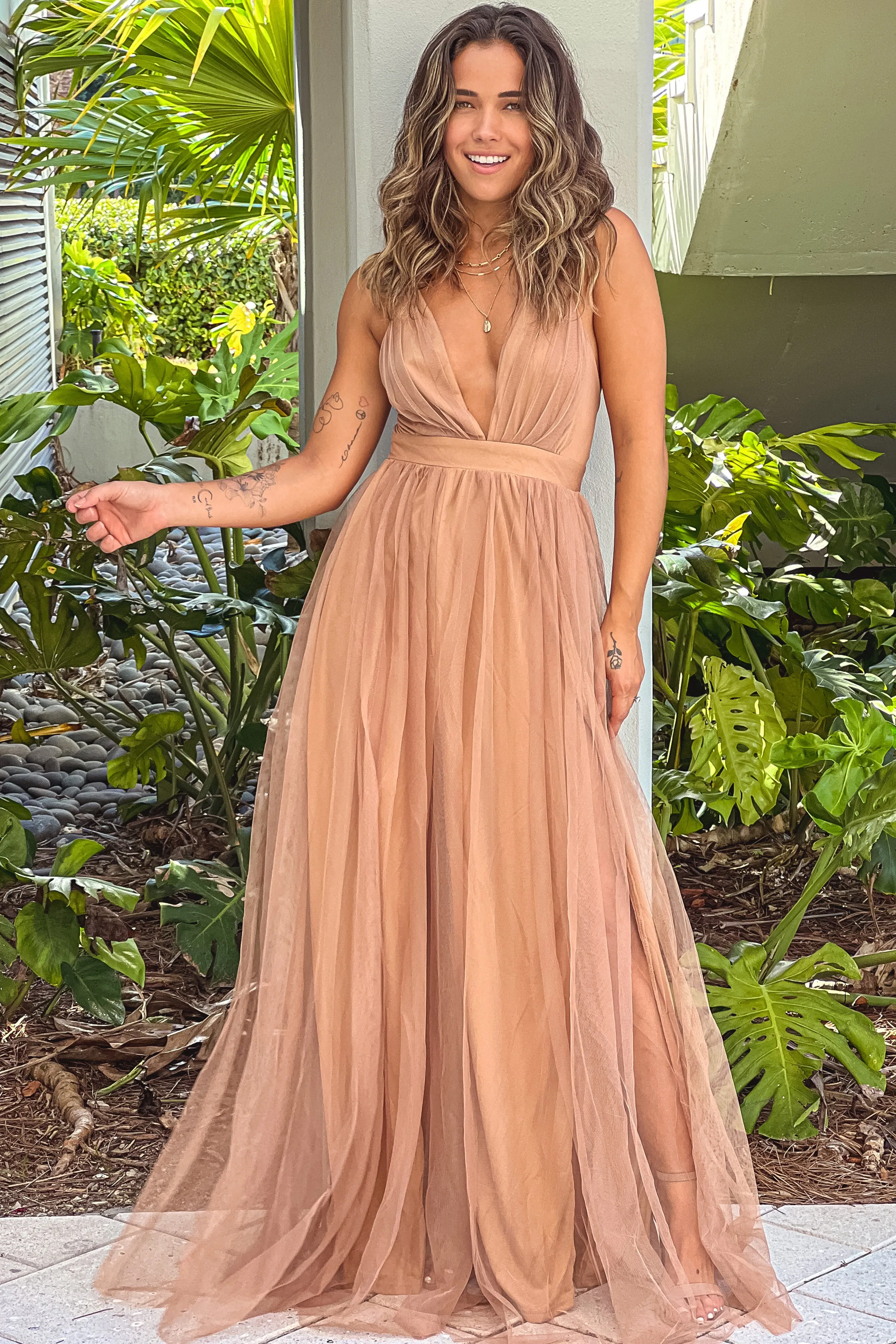 Taupe Mesh V-Neck Maxi Dress