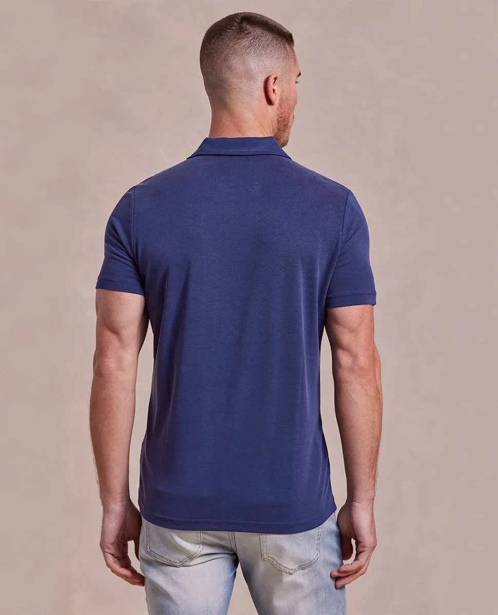 The Aston - Pique Double Knit SS Johnny Collar Polo - Blue