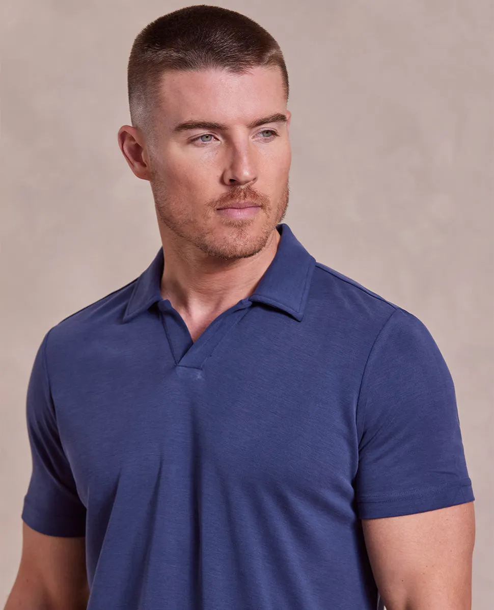 The Aston - Pique Double Knit SS Johnny Collar Polo - Blue