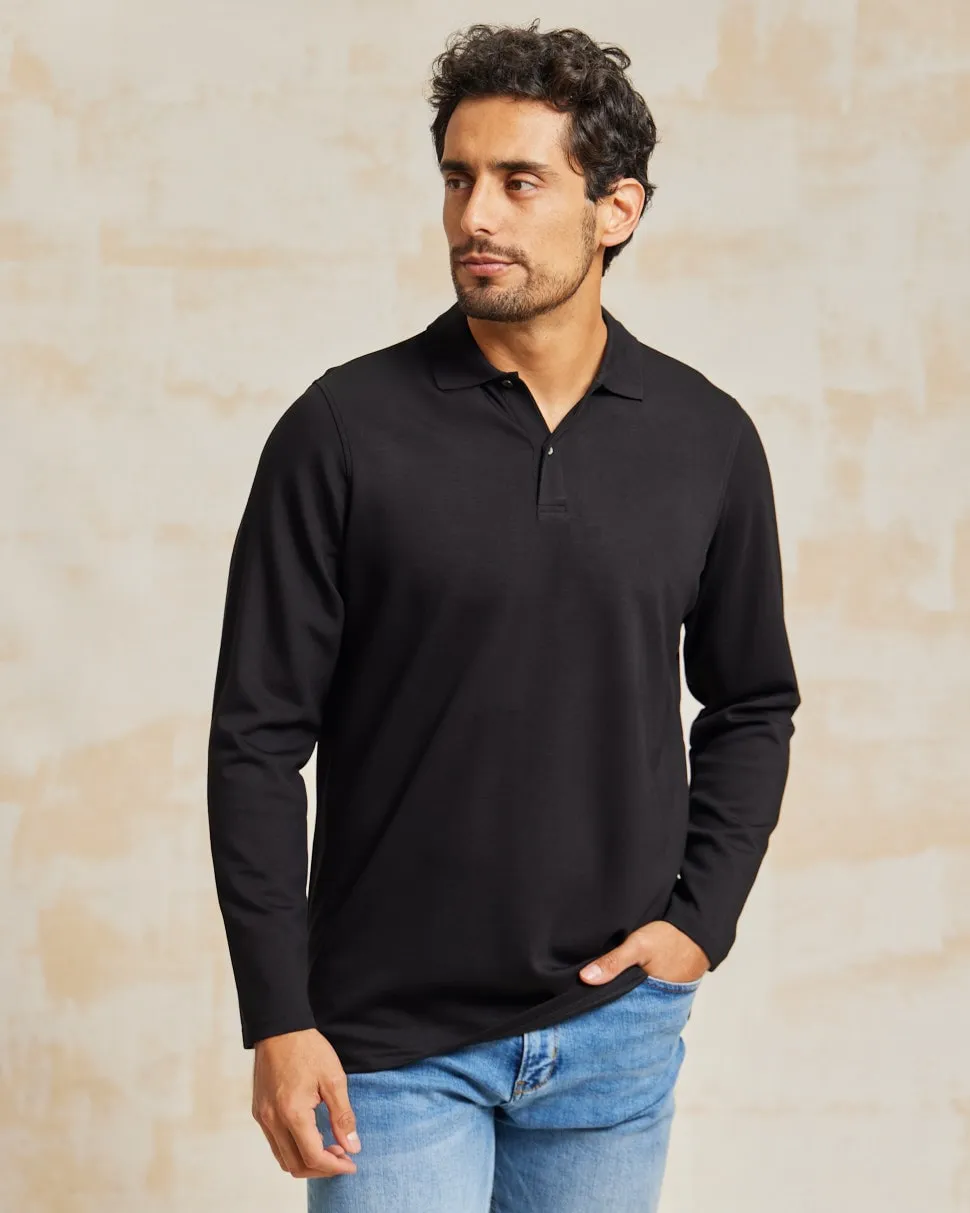 The Holden - Stone Washed Double Knit LS Polo - Black