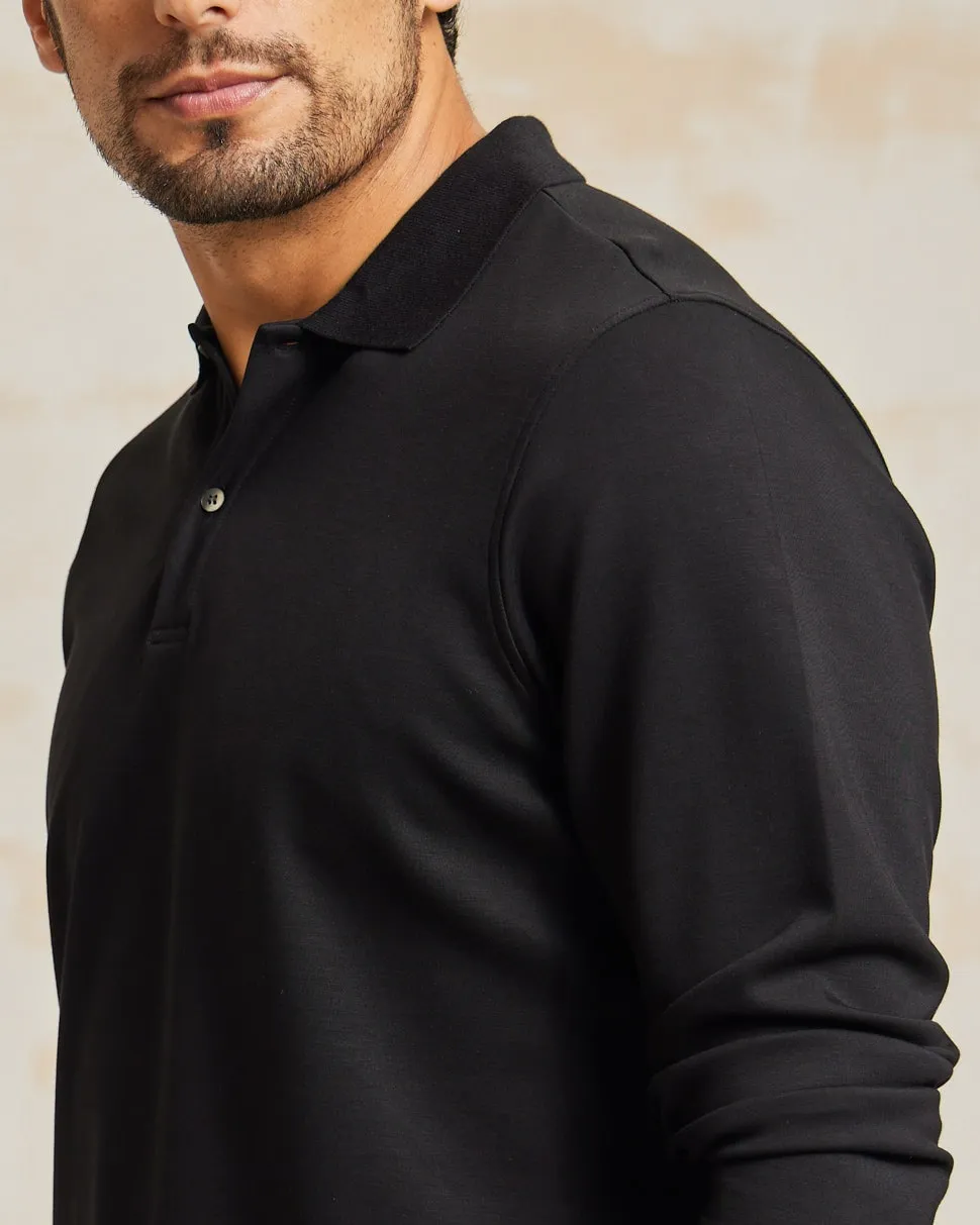 The Holden - Stone Washed Double Knit LS Polo - Black