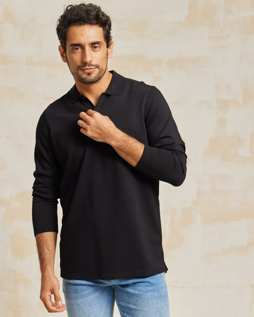 The Holden - Stone Washed Double Knit LS Polo - Black