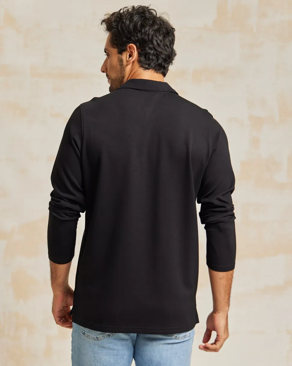 The Holden - Stone Washed Double Knit LS Polo - Black