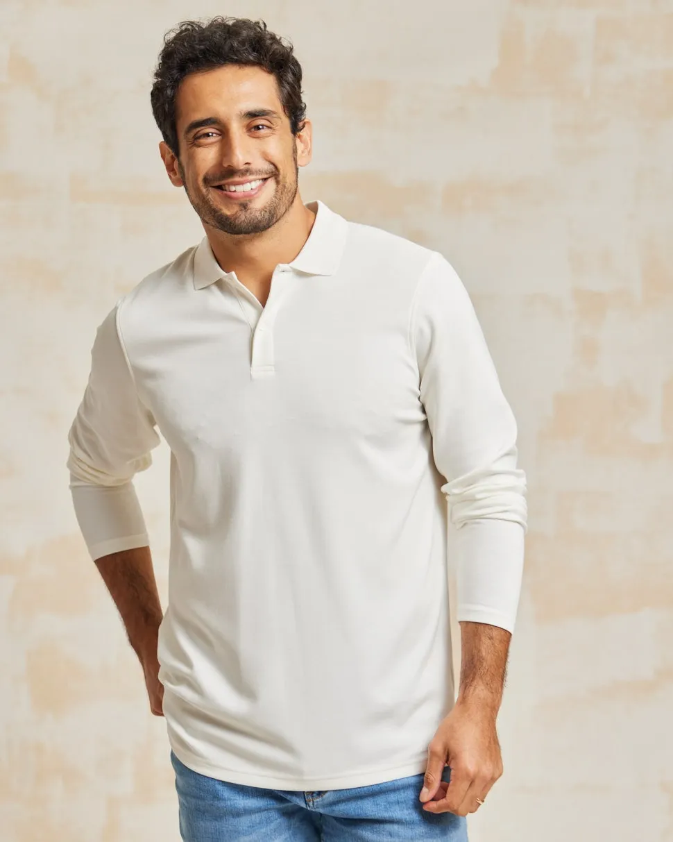 The Holden - Stone Washed Double Knit LS Polo - White