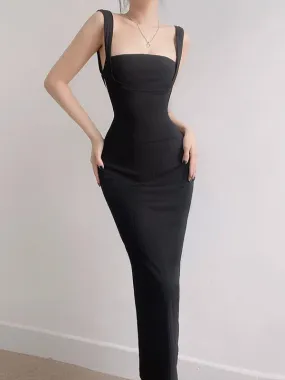 Tie Back Black Tank Long Bodycon Dress