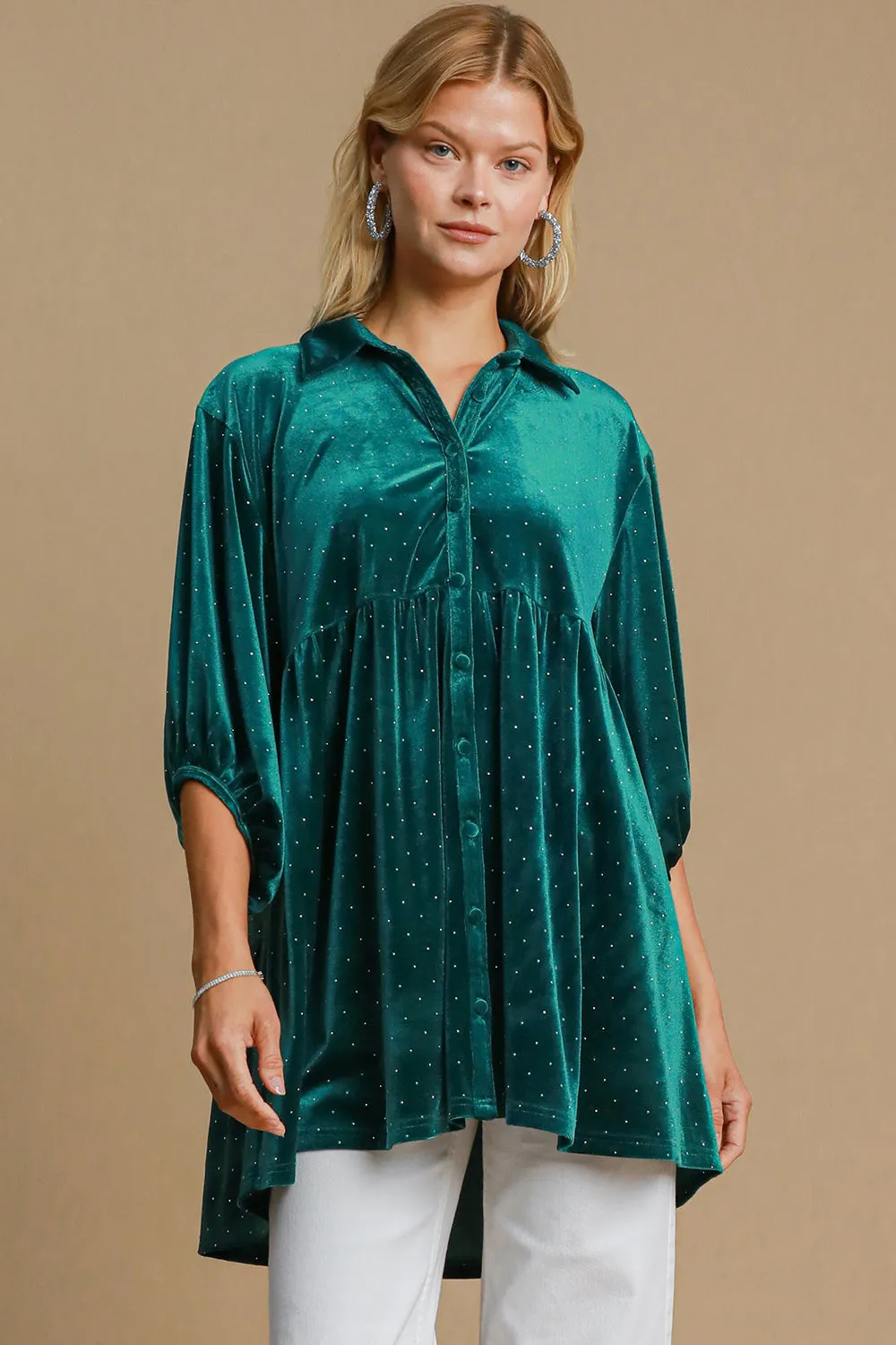 Umgee Velour Polka-dot Boho Oversized Tunic Top Babydoll Shirt Velour Blouse