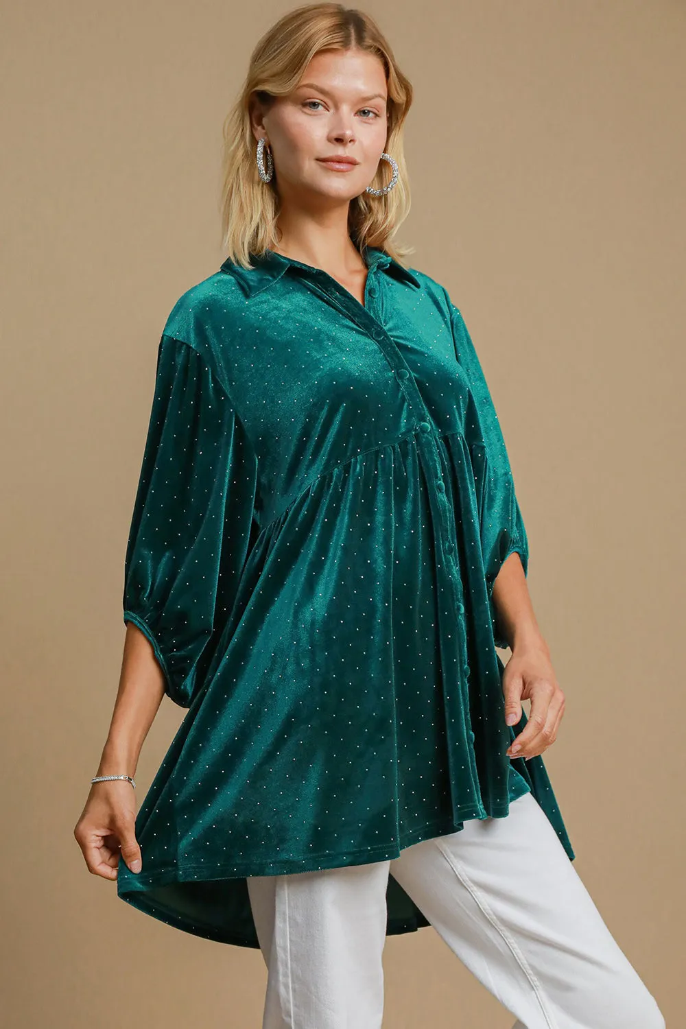 Umgee Velour Polka-dot Boho Oversized Tunic Top Babydoll Shirt Velour Blouse