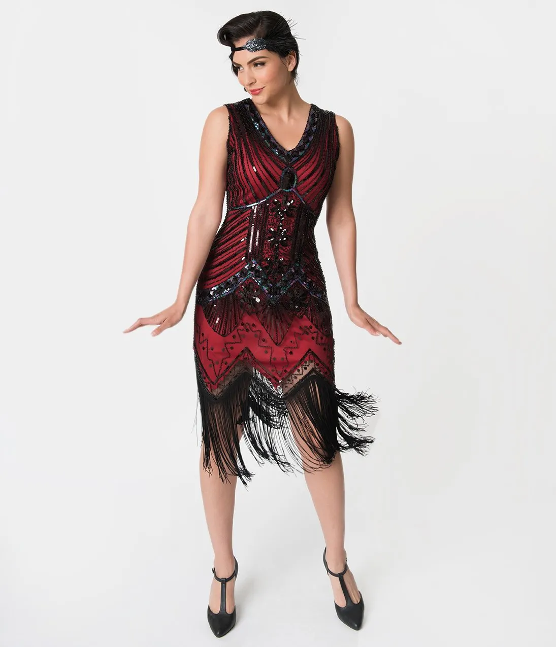 Unique Vintage 1920s Deco Red & Black Veronique Fringe Flapper Dress