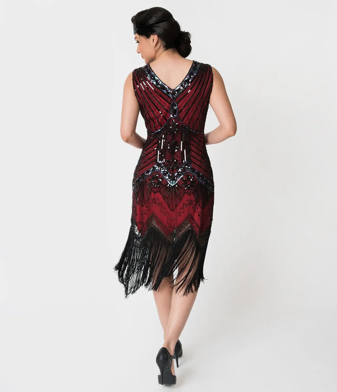 Unique Vintage 1920s Deco Red & Black Veronique Fringe Flapper Dress