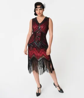 Unique Vintage 1920s Deco Red & Black Veronique Fringe Flapper Dress