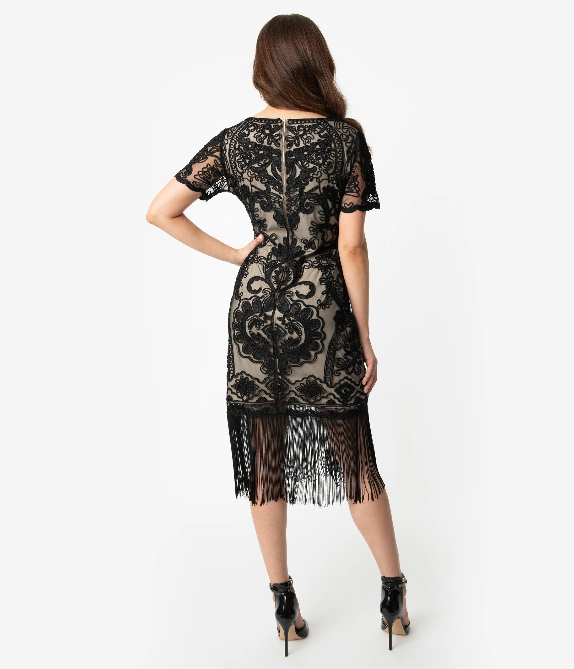 Unique Vintage Beige & Black Embroidered Fringe Cocktail Bourges Flapper Dress