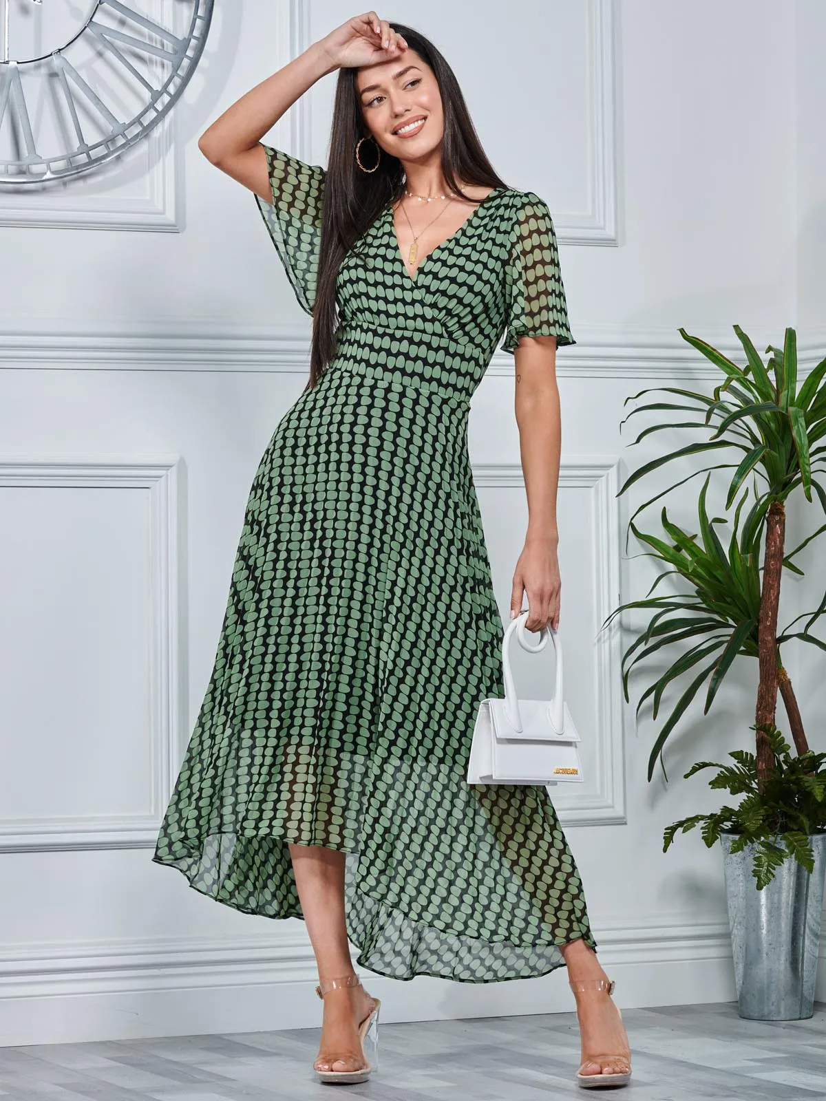 V Neck Pleated Chiffon Maxi Dress, Green Geometric