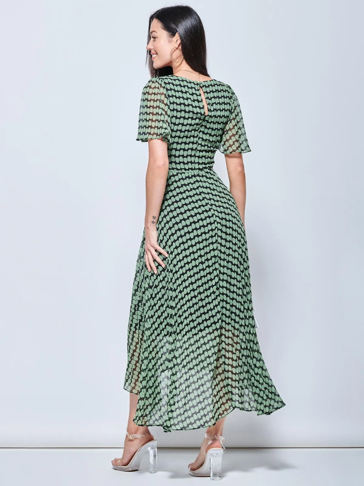 V Neck Pleated Chiffon Maxi Dress, Green Geometric