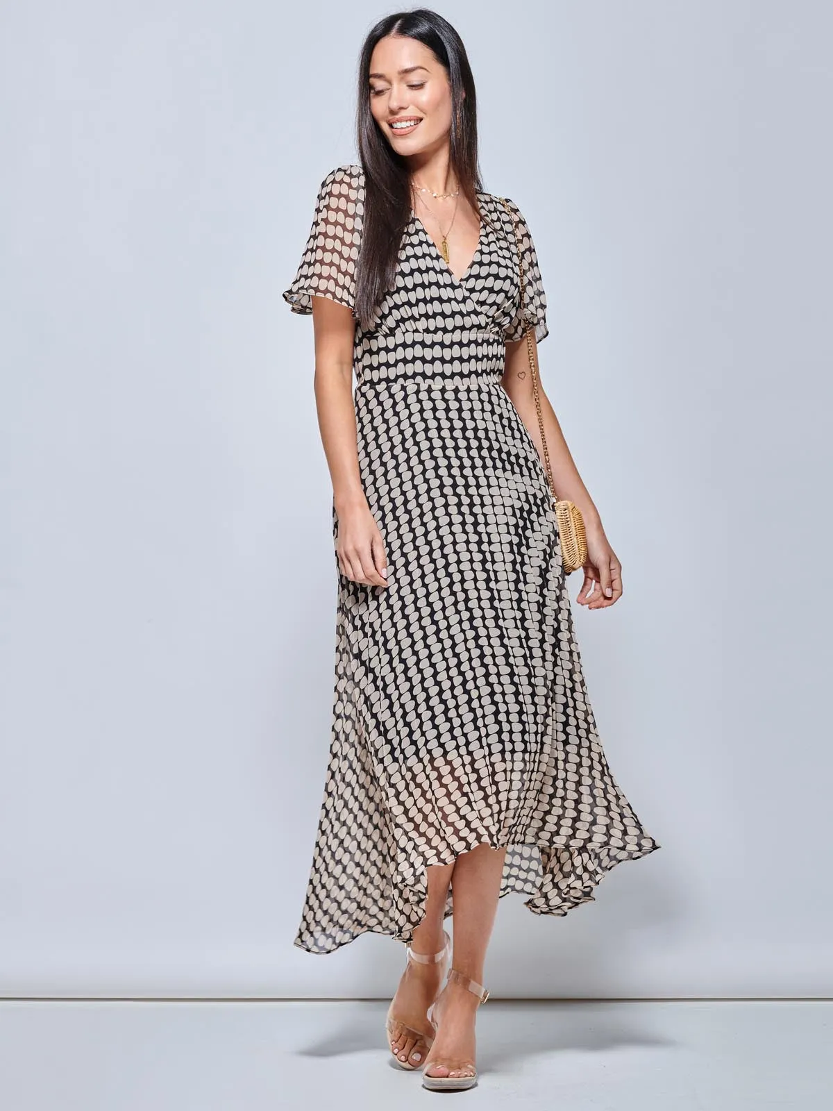 V Neck Pleated Chiffon Maxi Dress, Taupe Multi