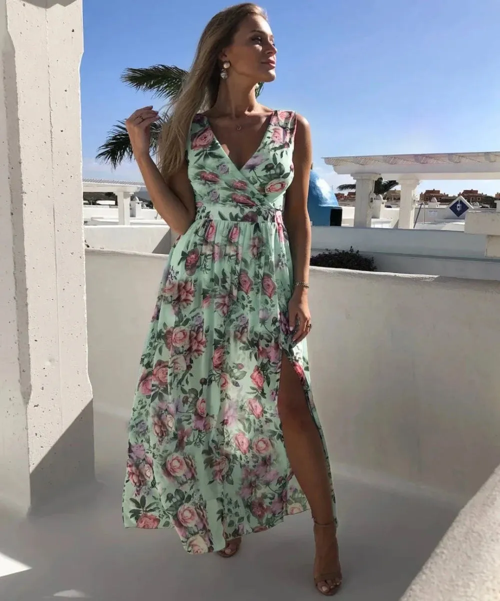 V Neck Split Floral Print Long Spaghetti Strap Chiffon Elegant Maxi Dress