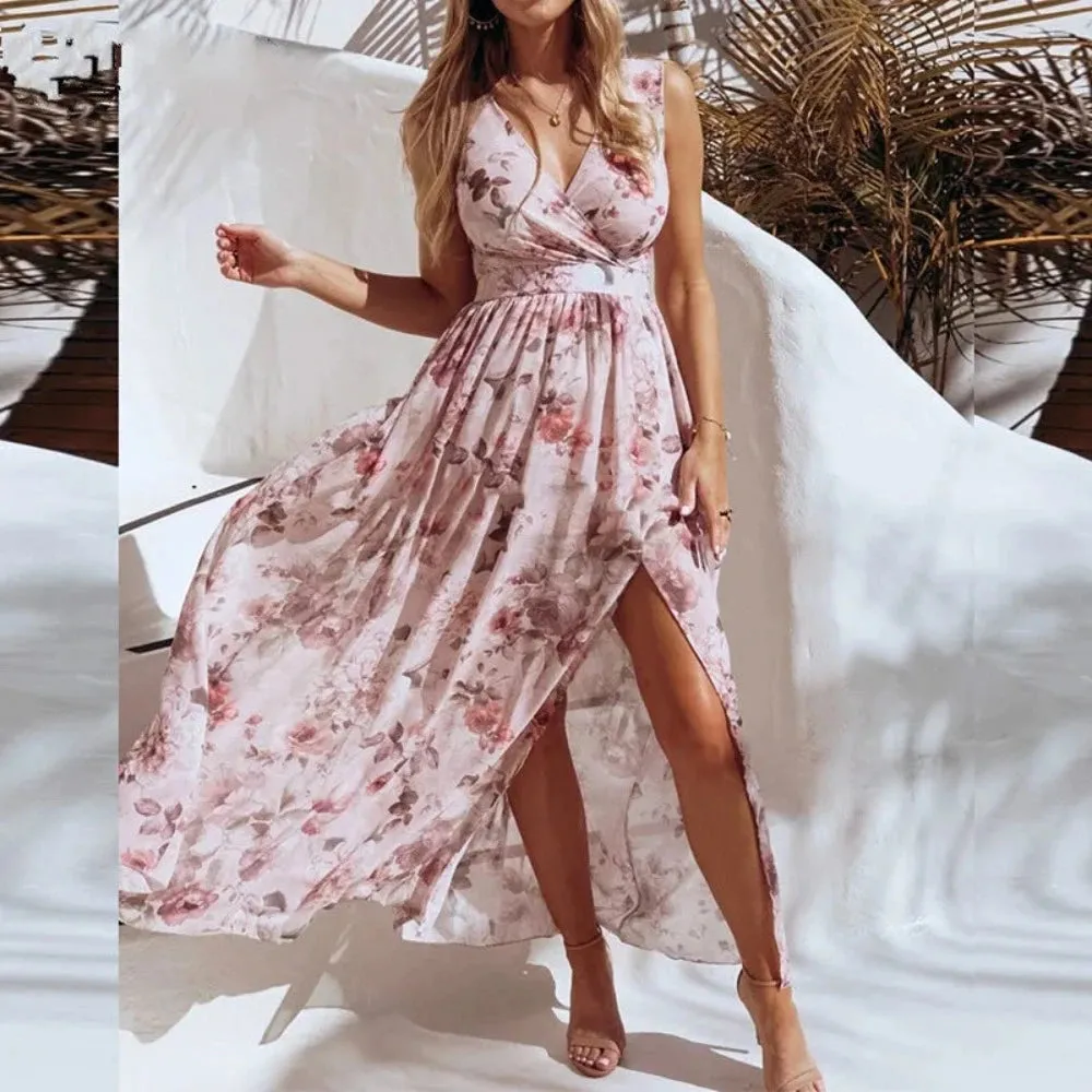 V Neck Split Floral Print Long Spaghetti Strap Chiffon Elegant Maxi Dress