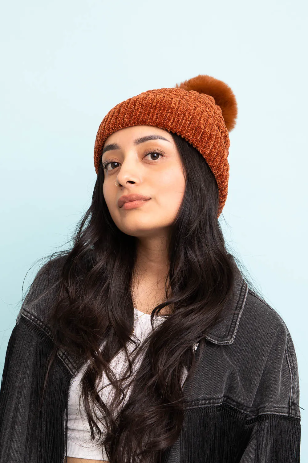 Velvet Cable Knit Pom Beanie