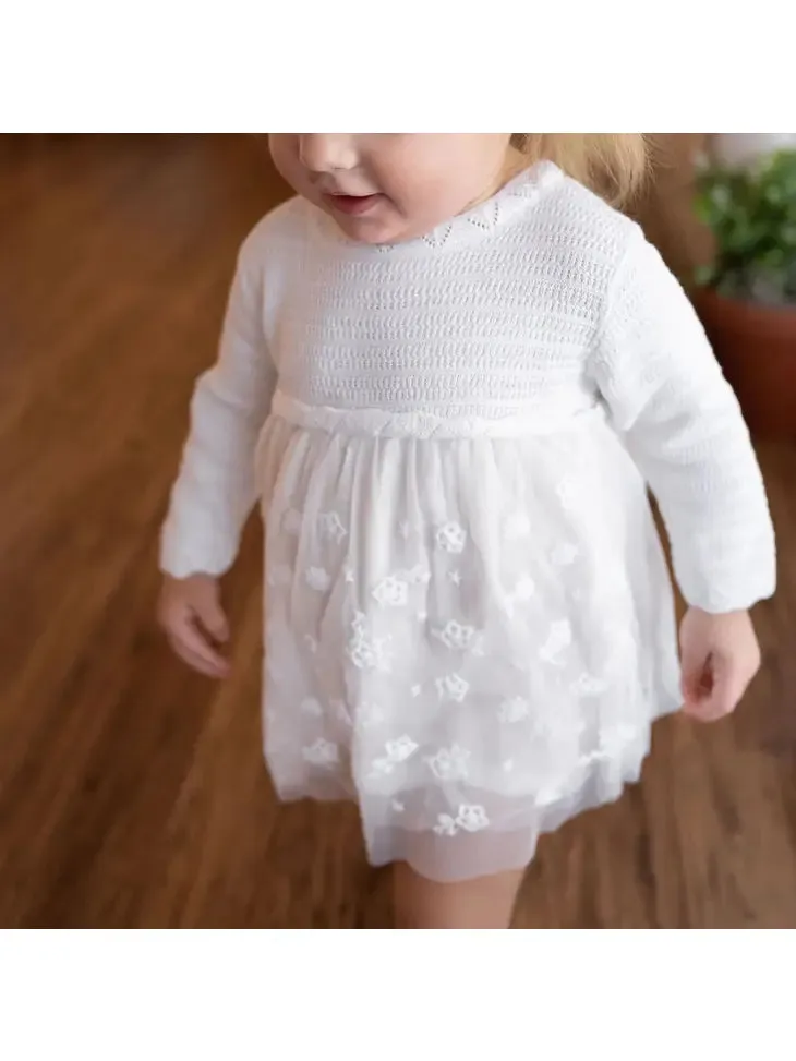 VIV Milan White Floral Embroidered Tutu Knit Baby Dress Organic