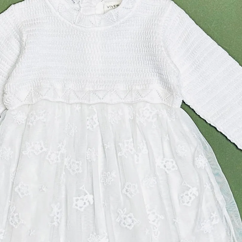 VIV Milan White Floral Embroidered Tutu Knit Baby Dress Organic