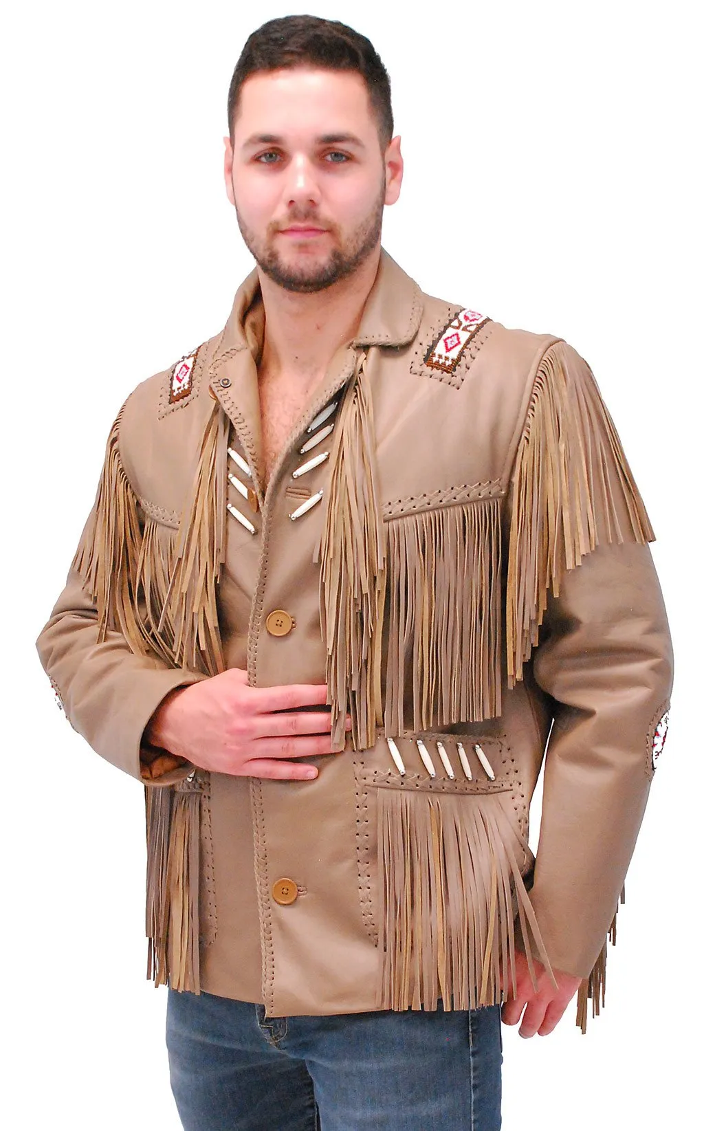 Western Brown Leather Jacket w/Fringe & Bone Beading #M2633BBFN (2X-3X)