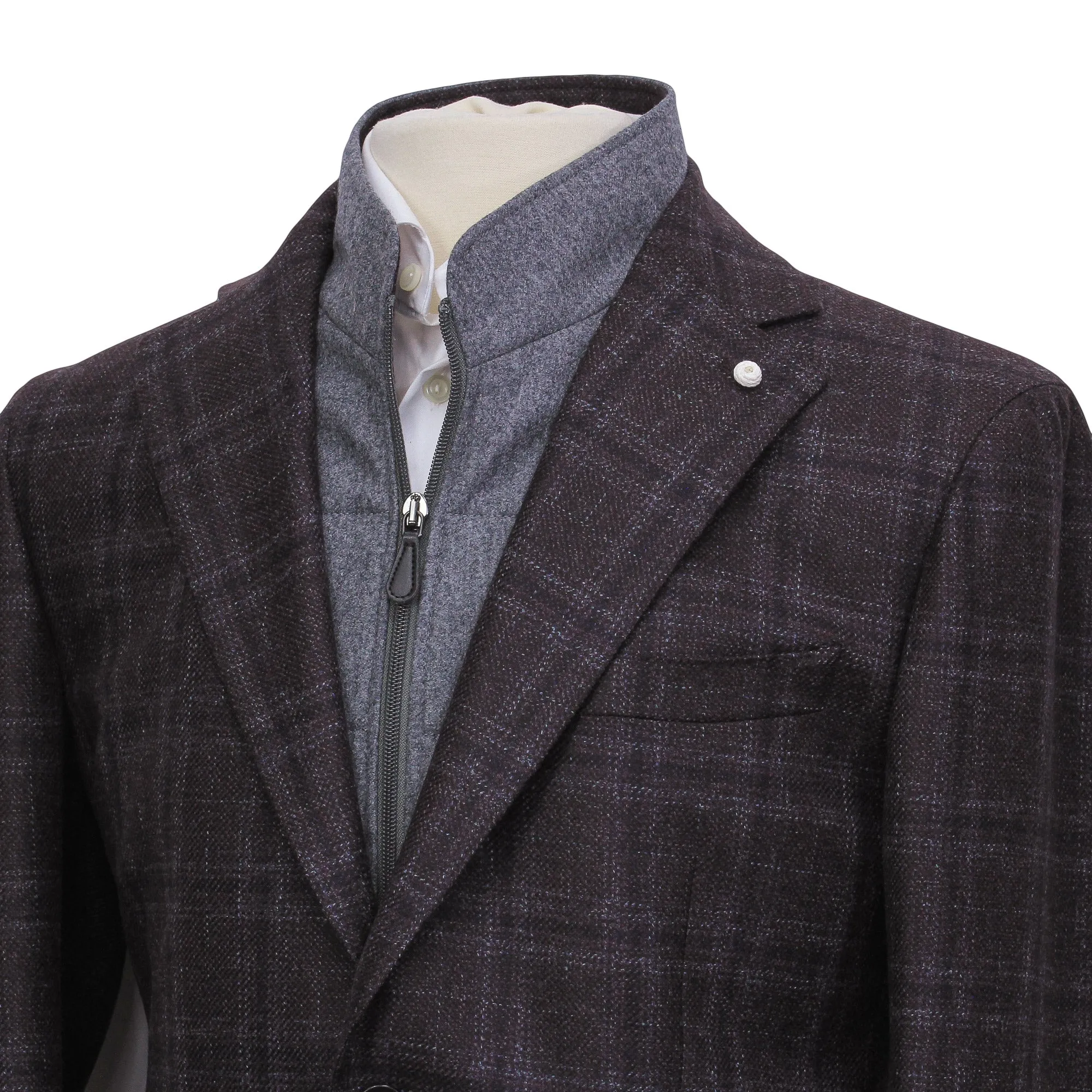 Wine & Gray Check Wool Hybrid Sport Jacket with Bib - Luigi Bianchi