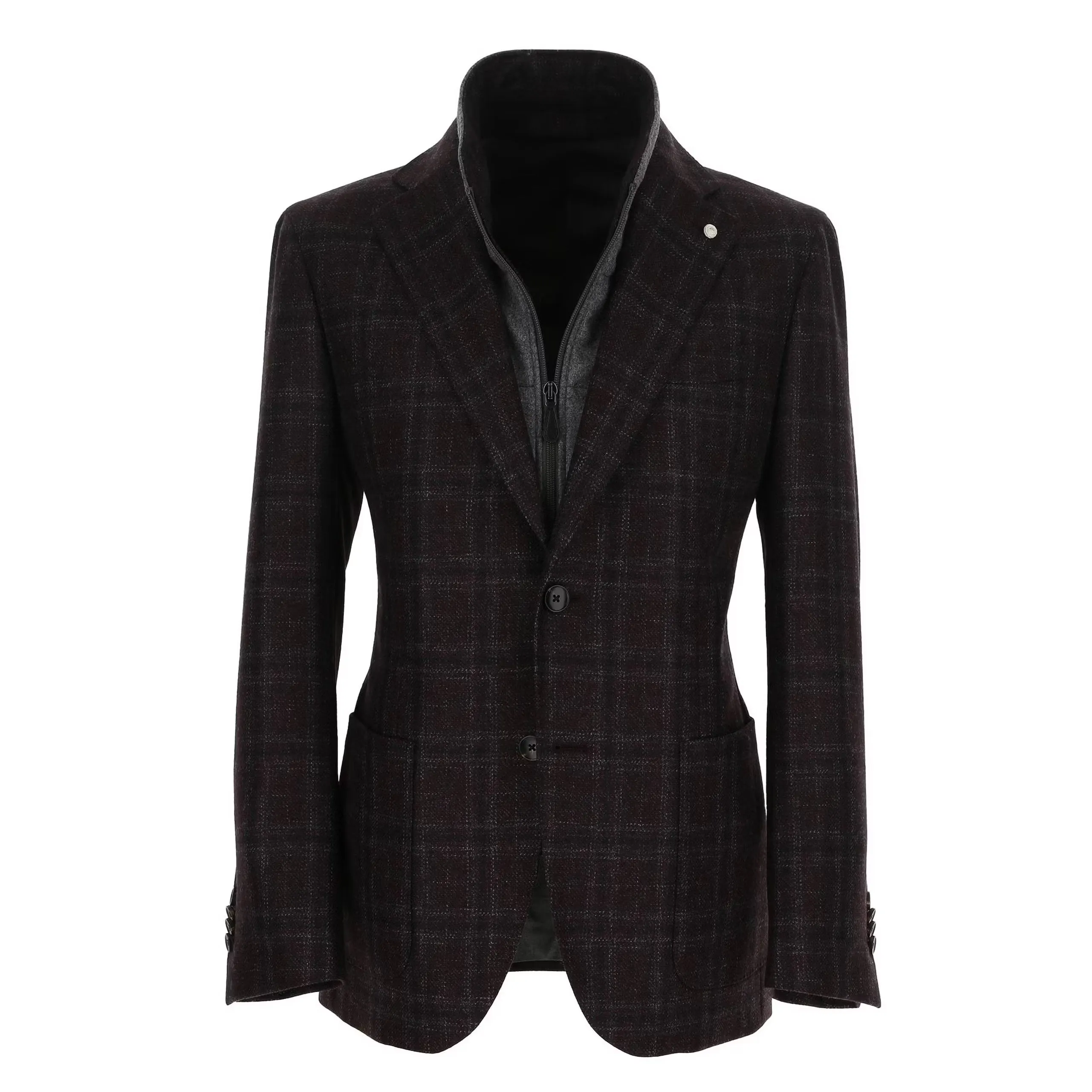 Wine & Gray Check Wool Hybrid Sport Jacket with Bib - Luigi Bianchi