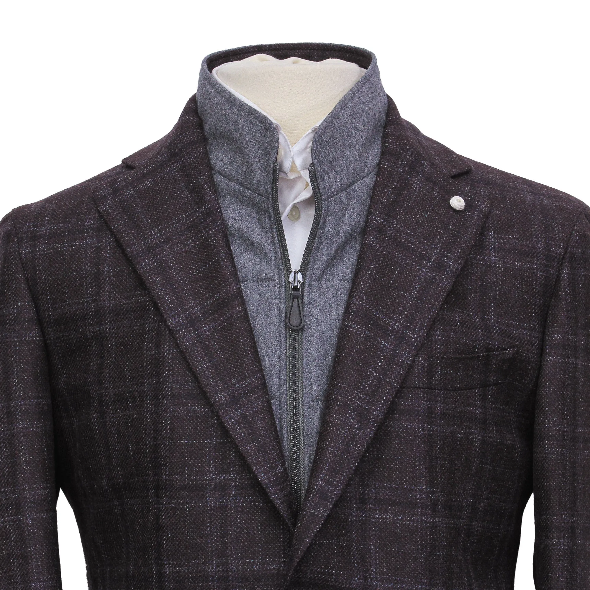 Wine & Gray Check Wool Hybrid Sport Jacket with Bib - Luigi Bianchi